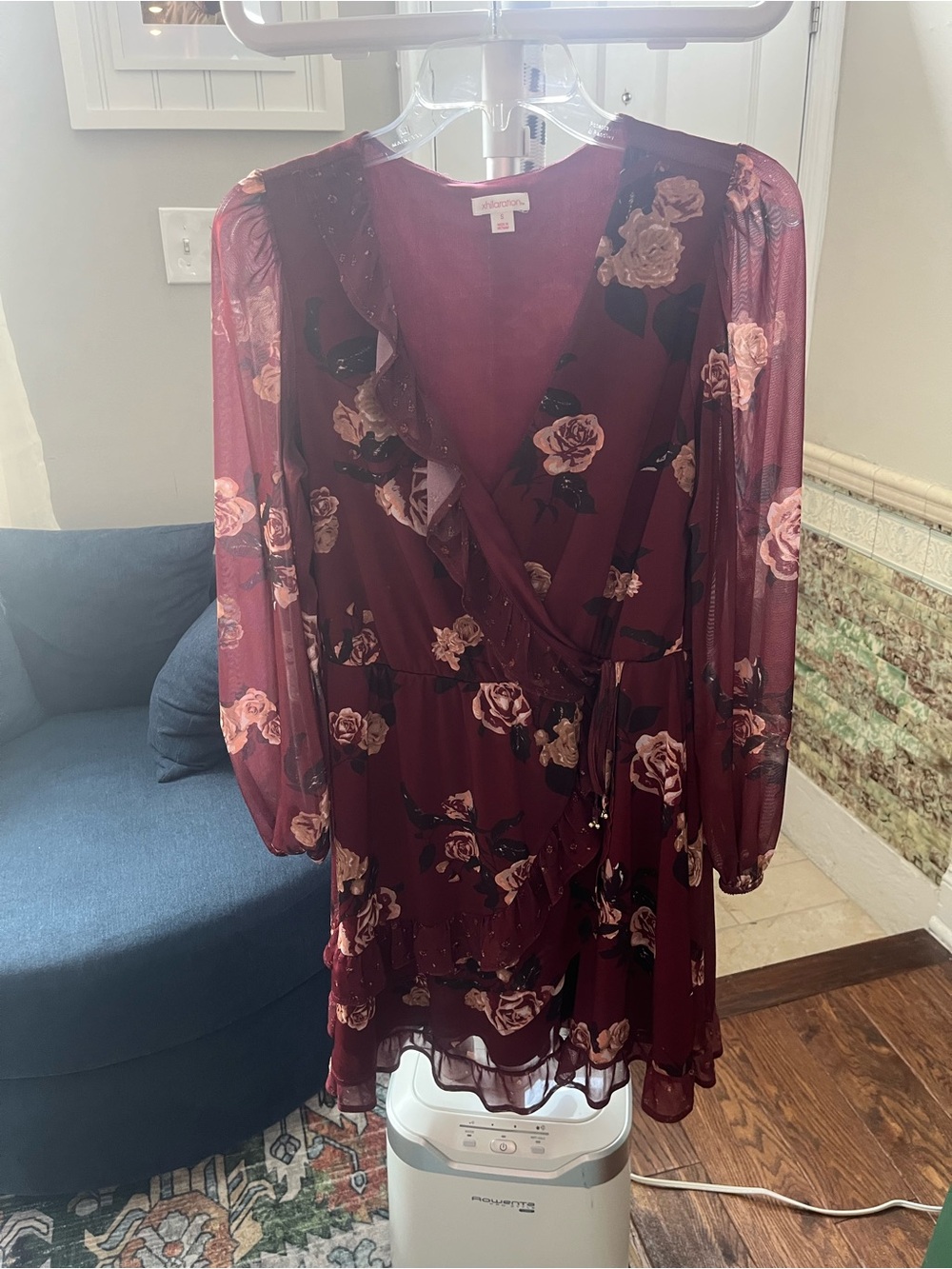 Xhilaration Burgundy Floral Wrap Dress with Pink Rose Print